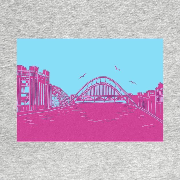 Bridges of NewcastleGateshead Quayside Linocut in Turquoise and Raspberry by Maddybennettart